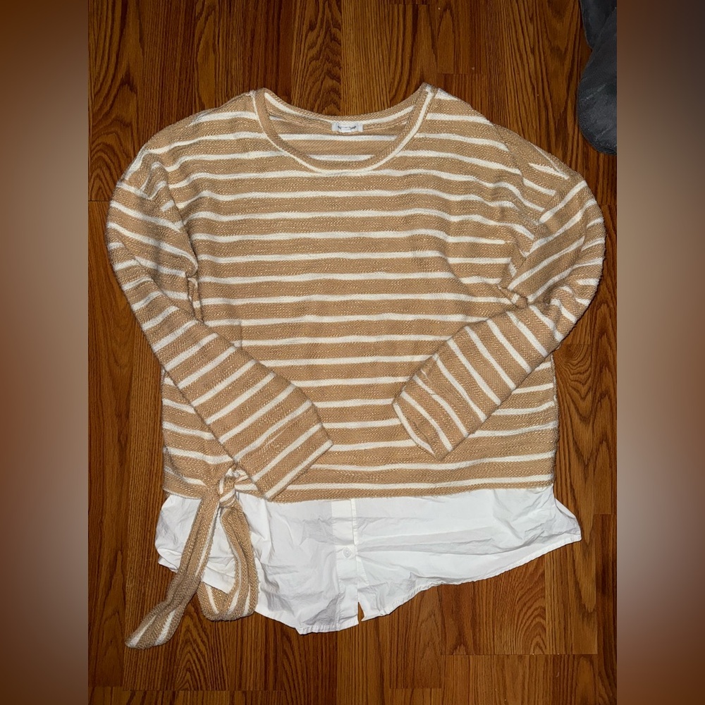 Striped Tan and White Sweater with Tie Detail